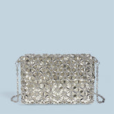 Petit sac carré en perles tissées à la main argentées brillantes avec perles de cocktail creuses à bandoulière